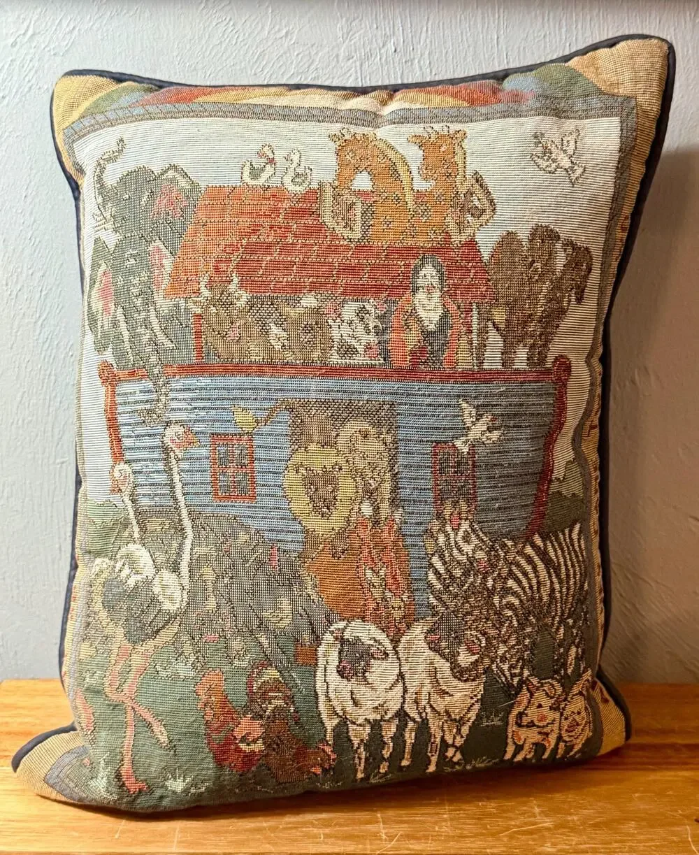 Vintage Noah's Ark Tapestry Pillow | Woven Animal Cushion, Folk Art Decor